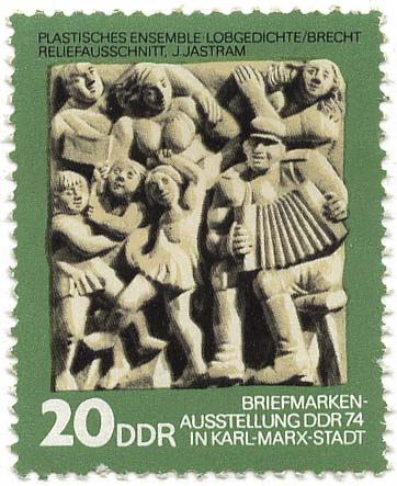 Briefmarkenausstellung DDR 1974 in Karl-Marx-Stadt - Plastisches Ensemble Lobgedichte / Brecht Reliefausschnitt, J. Jastram
